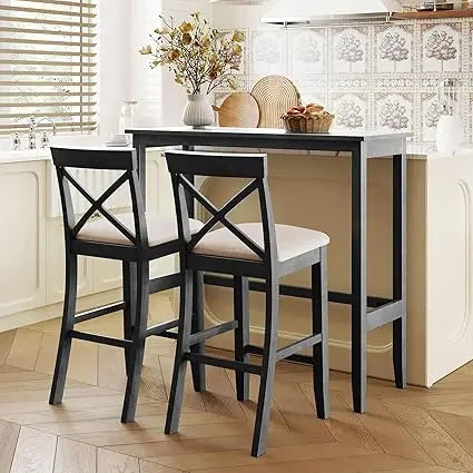 3 Piece Dining Bar Table Set, Counter Height Bar Table and Chair Set Farmhouse Kitchen Table Set with 2 Upholstered Chairs for K