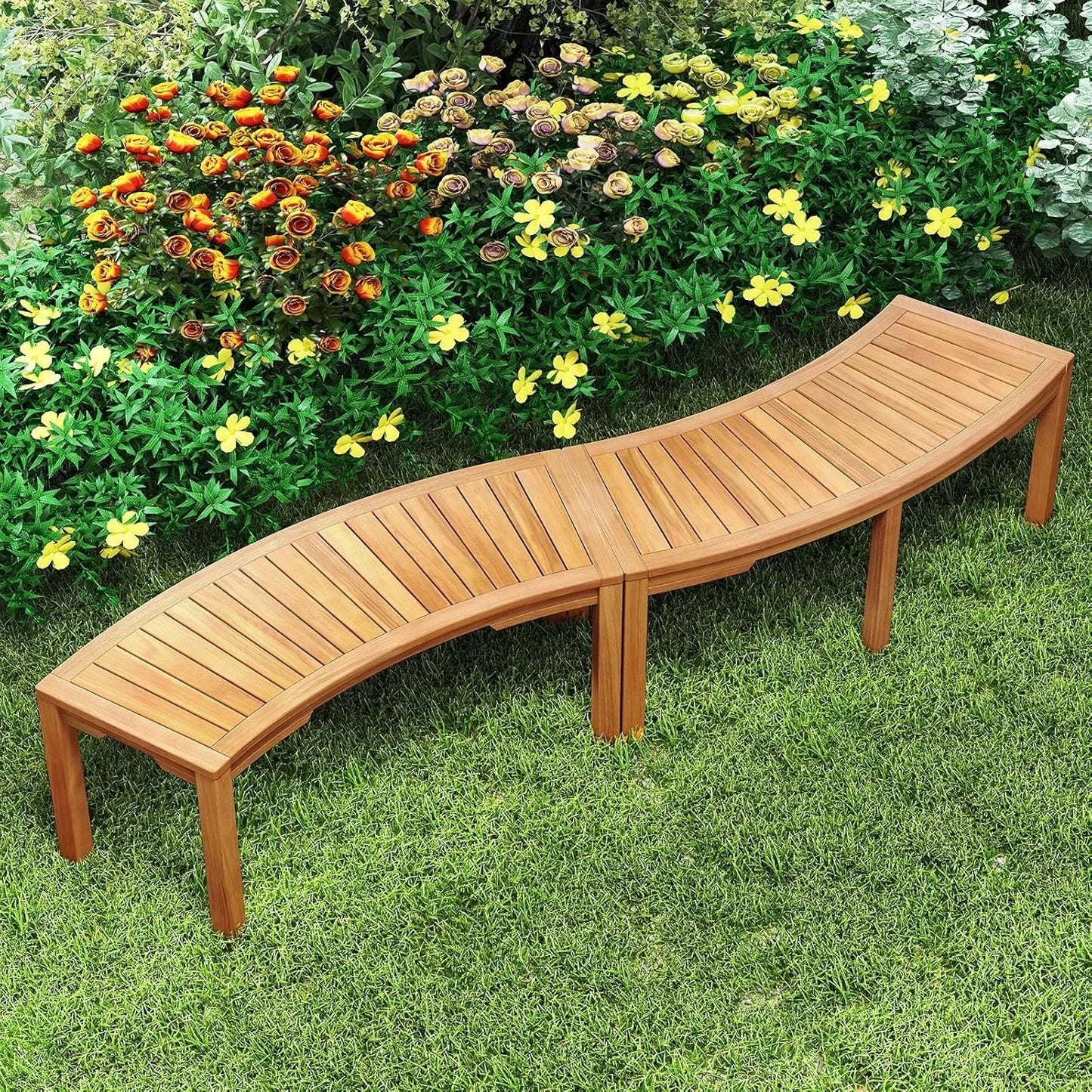 Outdoor Acacia Wood Curved Garden Bench, 2-Person Patio Backless Tree Bench with 800 LBS Capacity, Fire Pit Bench