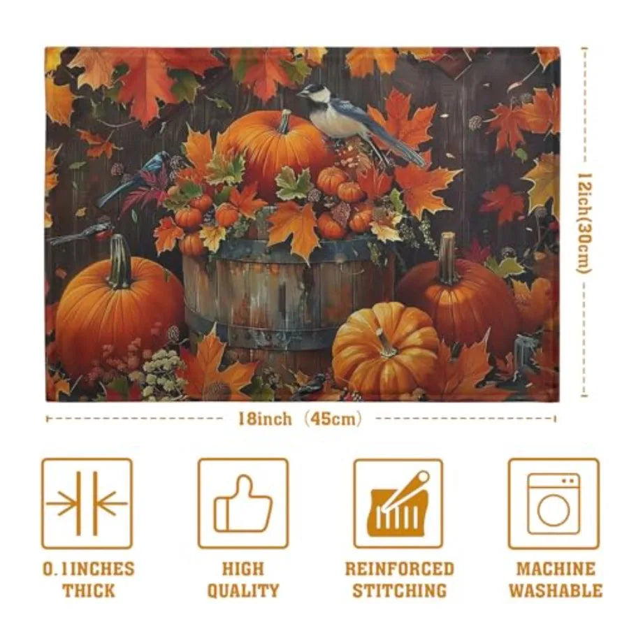 Pumpkin Maple Leaf Bird Fall Placemats Set of 4 Autumn Thanksgiving Seasol Holiday Harvest Linen Table Mats Orange Brown Washab