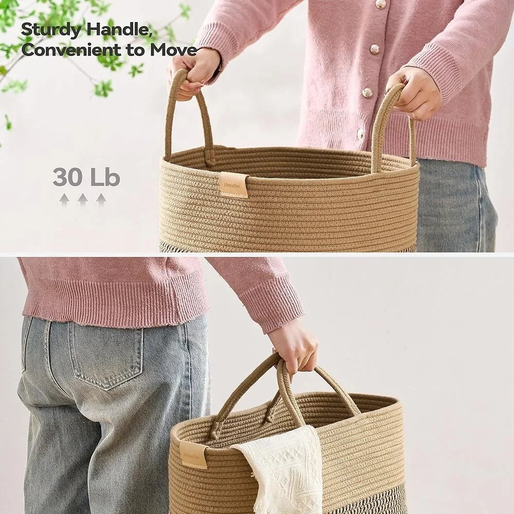 Large Laundry Hamper Woven Storage Basket Clothes Toys Decorative Cotton Rope with Handles Ideal Bedroom and Organizing