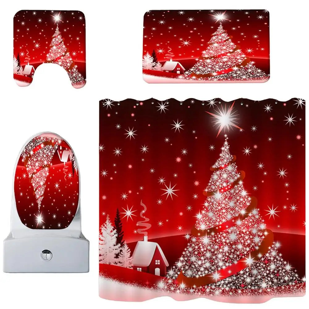 Christmas Shower Curtains Set Waterproof Bathroom Toilet Lid Cover Set Creative Shower Drapes Non-Slip Bath Mat For Home