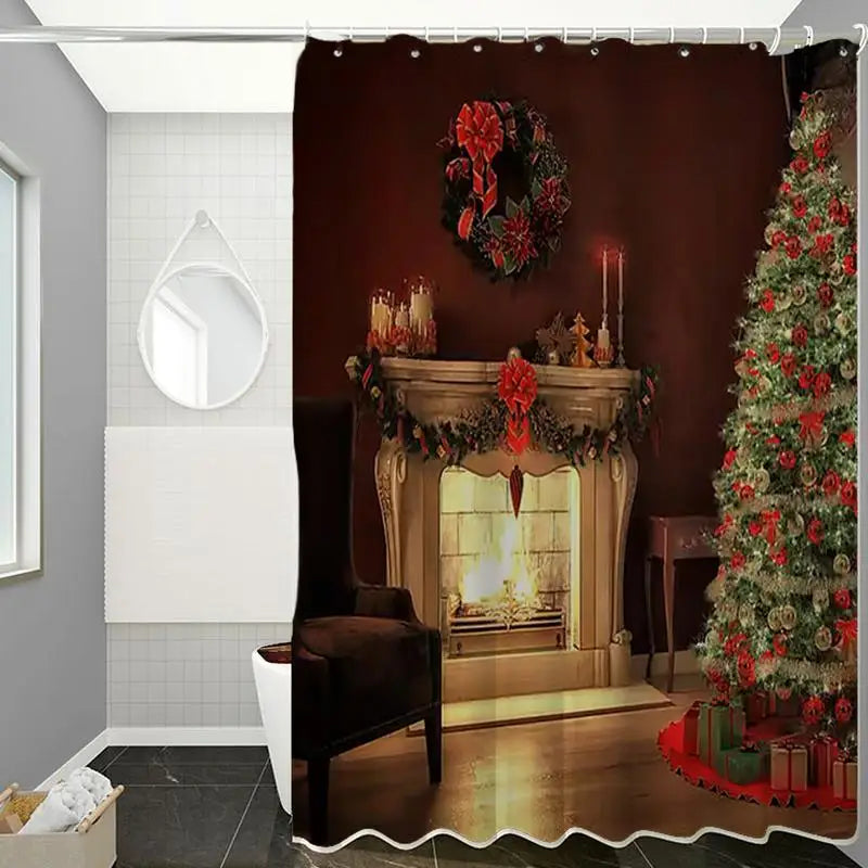 Christmas Shower Curtains Set Waterproof Bathroom Toilet Lid Cover Set Creative Shower Drapes Non-Slip Bath Mat For Home
