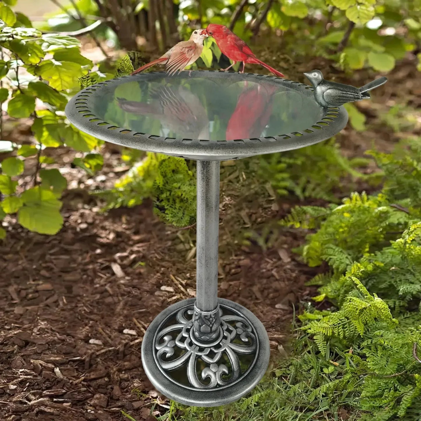 Elegant Silver Bird Bath, 29 Inch Lightweight Polyresin Outdoor Garden Ornament