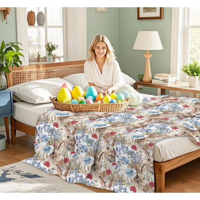 Easter bunny blue flower blanket, soft,comfortable,warm and lightweight blanket, suitable for all seasons spring home decoration