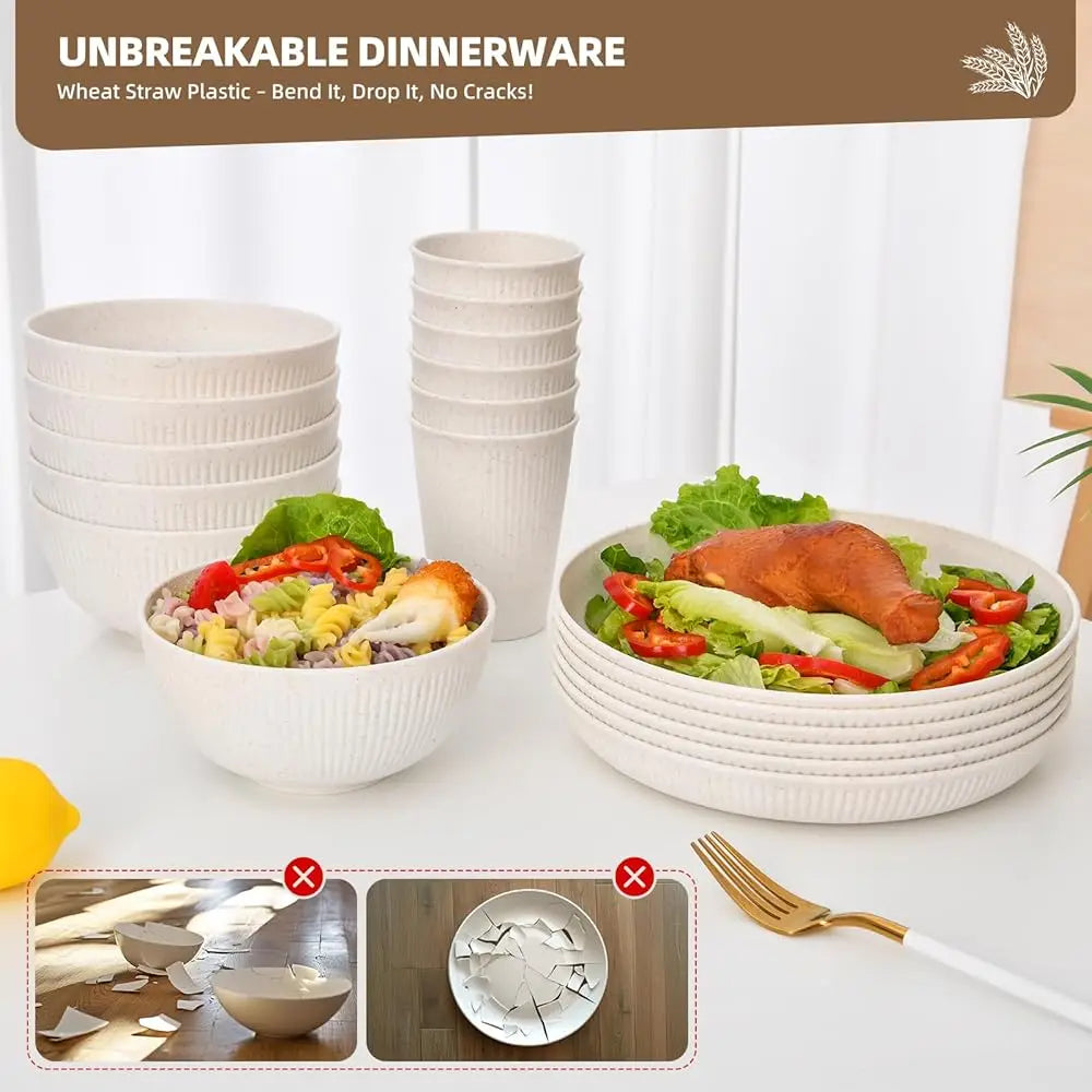 18 Pcs Wheat Straw Dinnerware Sets For 6 - Lightweight & Unbreakable Cups Plates And Bowls Sets Microwave Dinnerware Set For