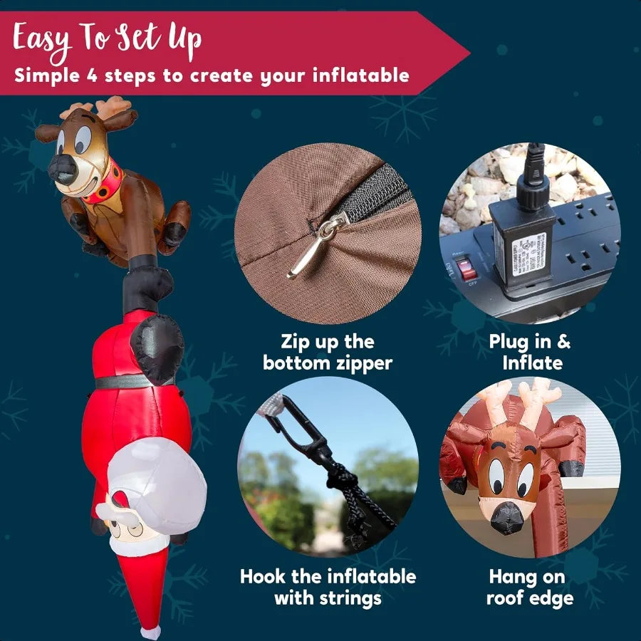 8 FT Hanging Christmas Iatables Decoration Christmas Iatable Reindeer and Climbing Santa Blow Up Santa with Buildin LED for Xma