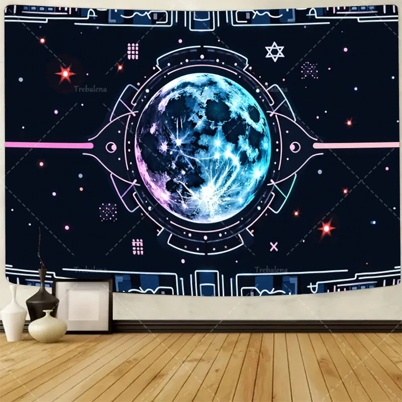 1pc Wall Tapestry "Starry Night Snowscape Tapestry - Full Moon Over Winter Lake"