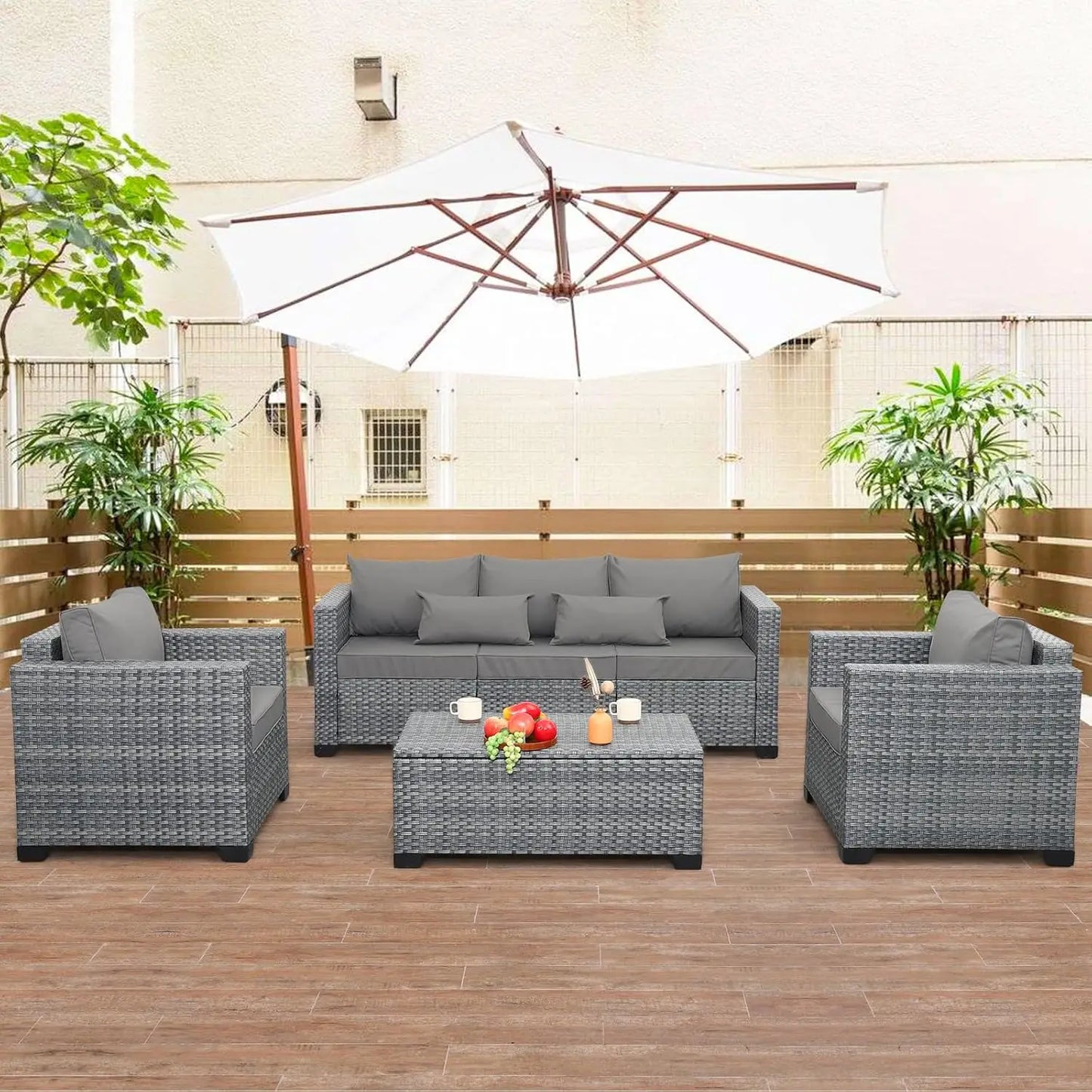 4 Piece Wicker Patio Furniture Sets Outdoor Conversation Set PE Rattan Sectional Sofa Couch with Storage Table and Cushions