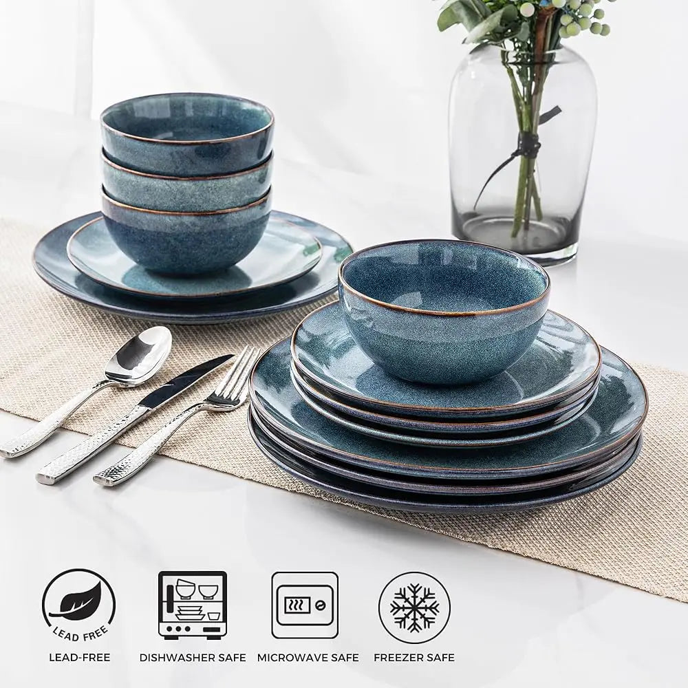Ceramic Dinnerware Sets For 4, 12 Pieces Handpainted Plates And Bowls Set, Scratch Resistant Stoneware Dishes Set, Dishwasher &
