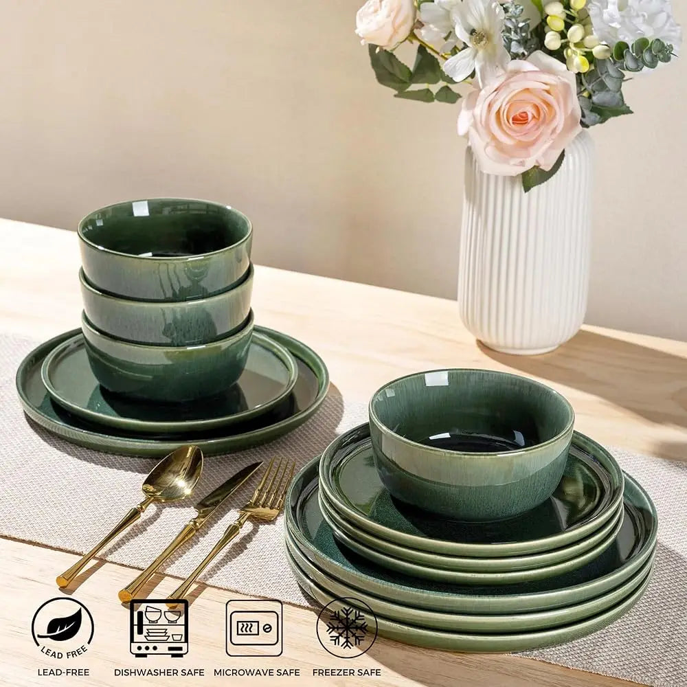 Ceramic Dinnerware Sets For 4, 12 Pieces Stoneware Plates And Bowls Sets, Scratch Resistant Dishes, Dishwasher & Microwave