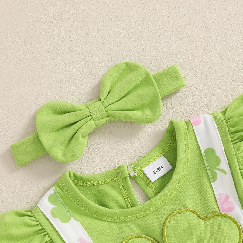 St Patrick s Day Baby Girl Outfit Shamrock Print Romper Dress with Bow Headband and Ruffled Skirt Hem Infant