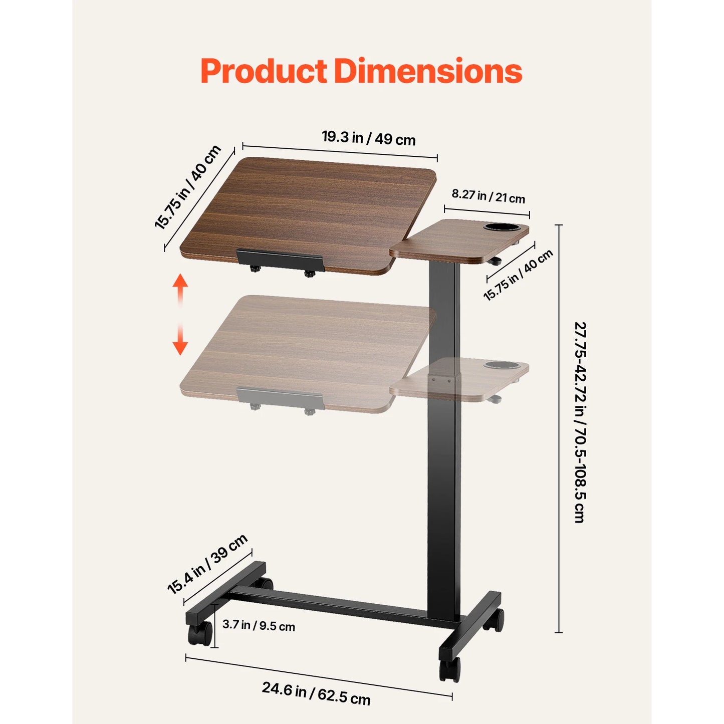 VEVOR Overbed Table Mobile Bed Side Table w/ Swivel Casters Height & Angle Adjustable Rolling Laptop Desk for Home Office Study