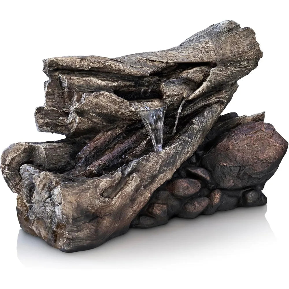 4-inch 2-story Tree Trunk Fountain with LED Lights, Used for Gardens, Courtyards, Rural Waterfalls, and Water Feature Fountains