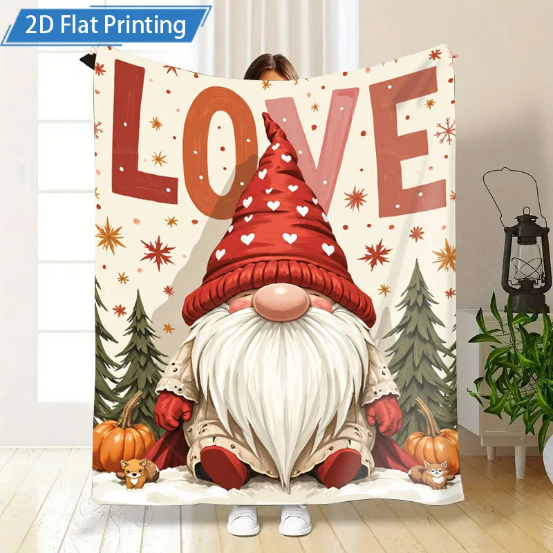 1pc Flannel Blanket Christmas Gnome Love Print Blanket Cozy Holiday Decor for Home and Bedding