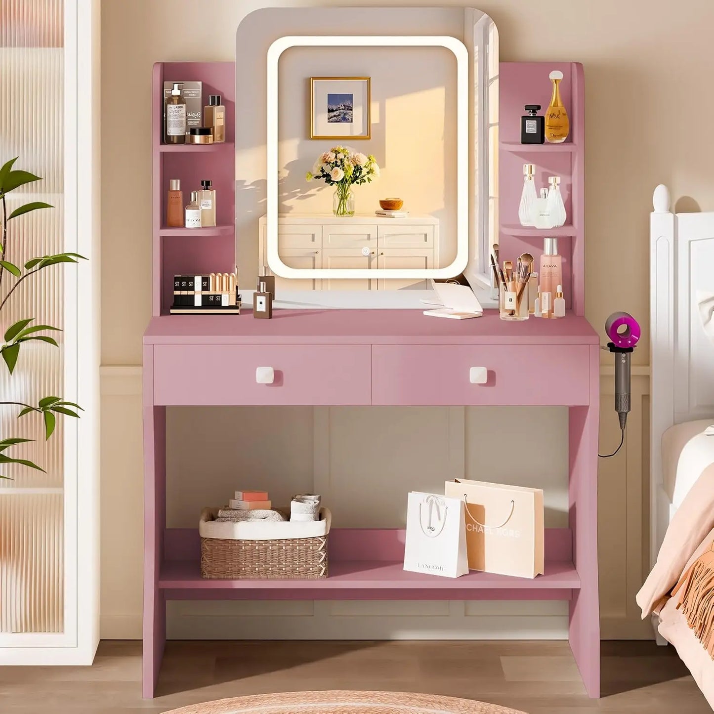 Dressing Table with Smart LED Mirror - Small Vanity Desk, 2 Drawers, 5 Shelves & Power Outlet