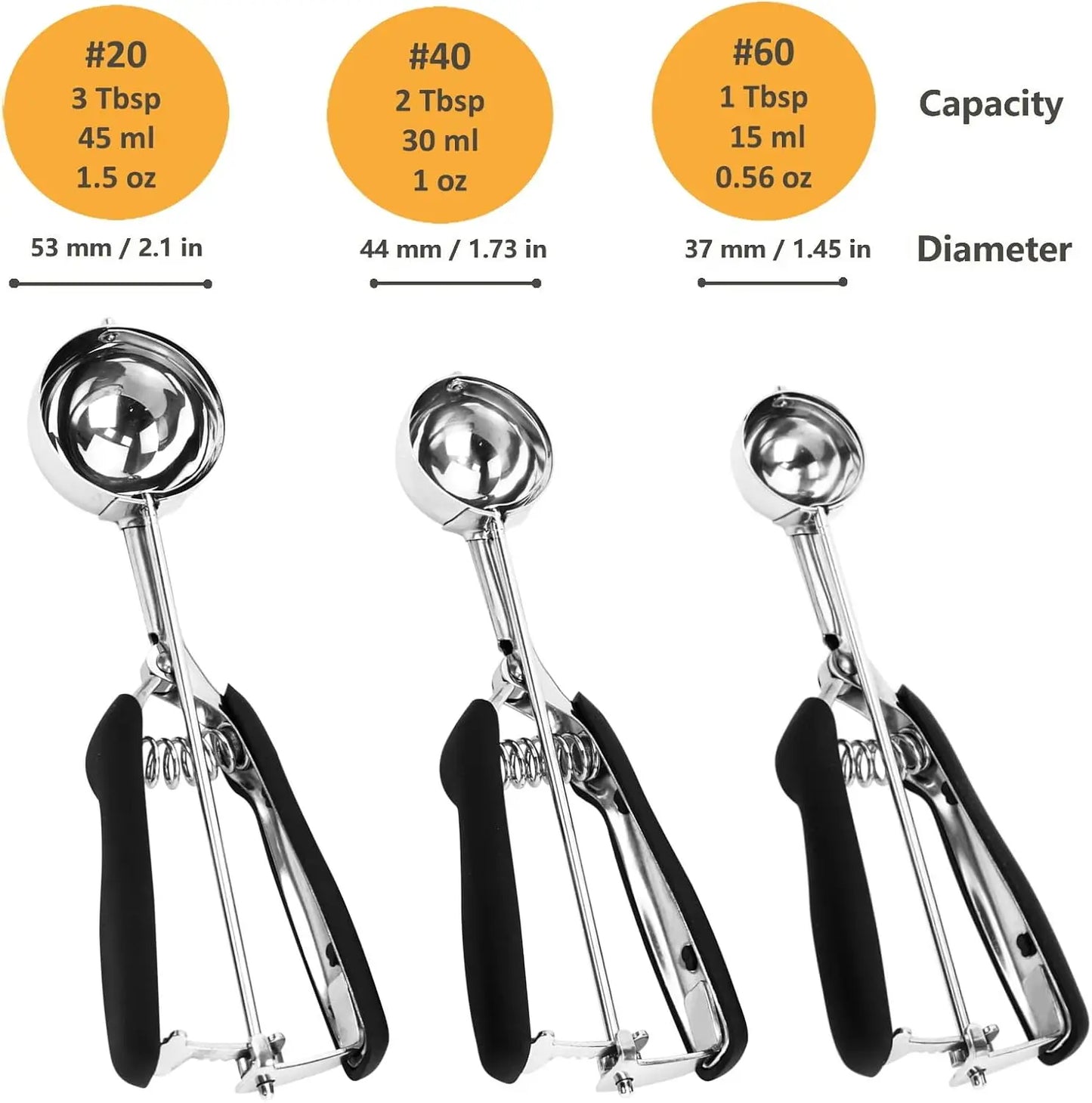 3Pcs Cookie Scoop Set, 18/8 Stainless Steel, Trigger Release, Non-slip Grip