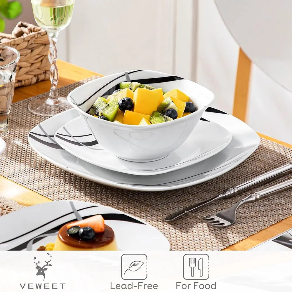 Porcelain Dinnerware Set, 12 Pcs Luding Dinner Plates, Dessert Plates And Cereal Bowls, Series Fiona