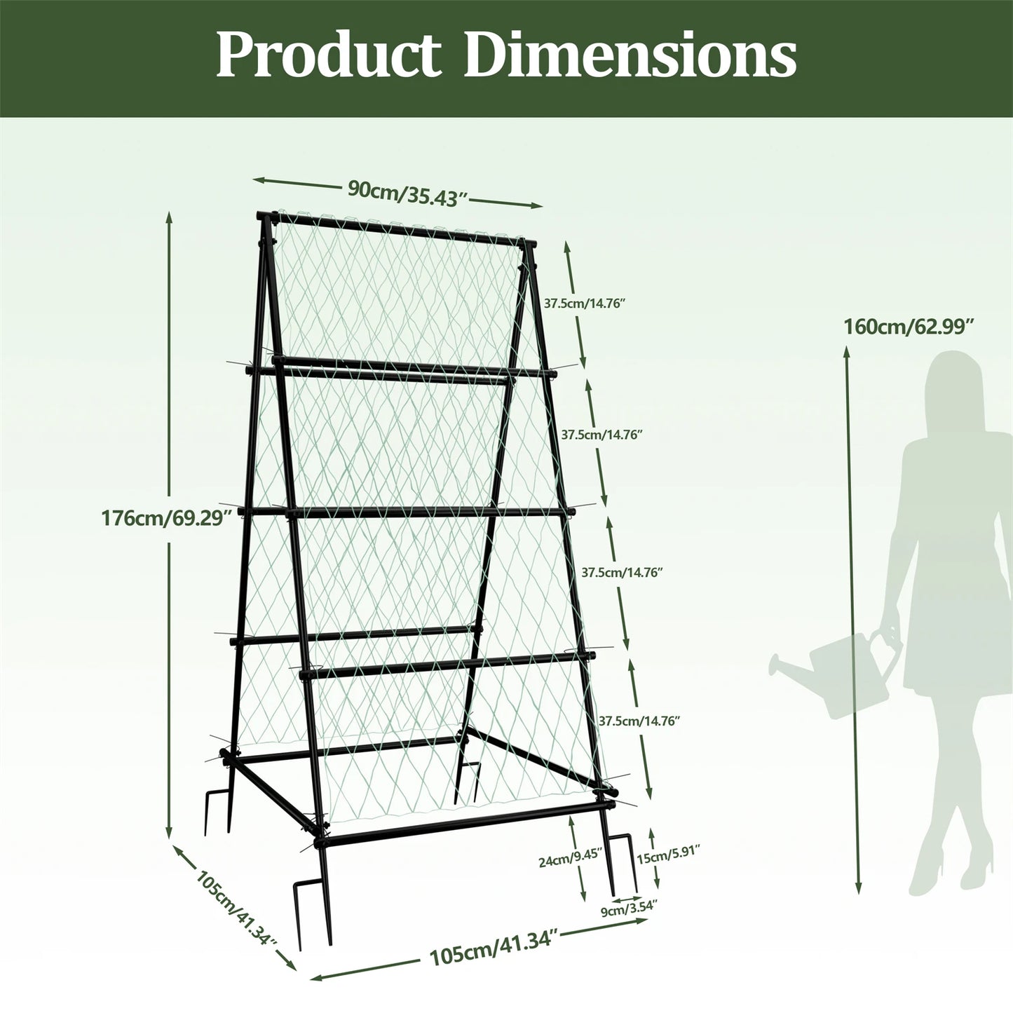 A-Shaped Garden Trellis Climbing Plants Grow Support Frame with Nylon Netting for Beans, Grape Vine, Cucumber, 105CM Tall