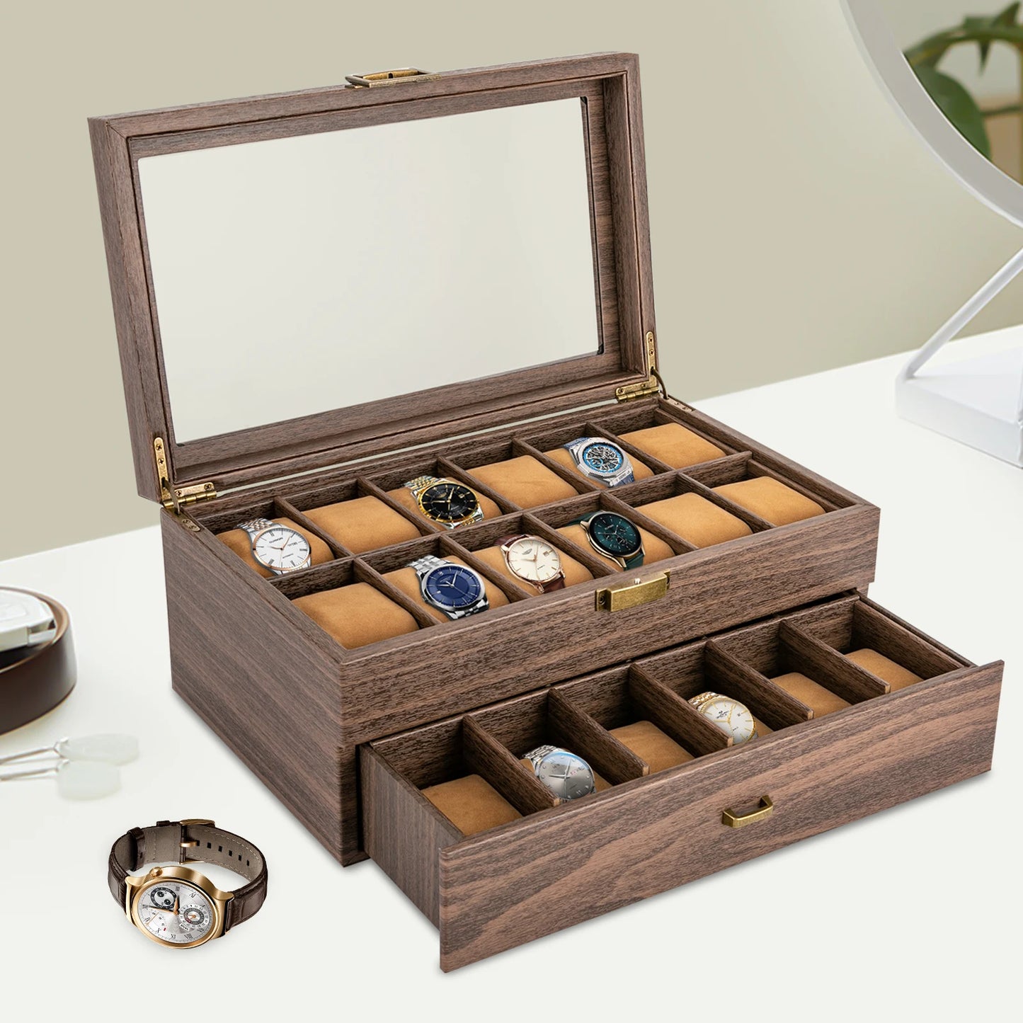 24 Slot Watch Box Tabletop Brown Watch Holder Organizer Lockable Jewelry Display Box Storage