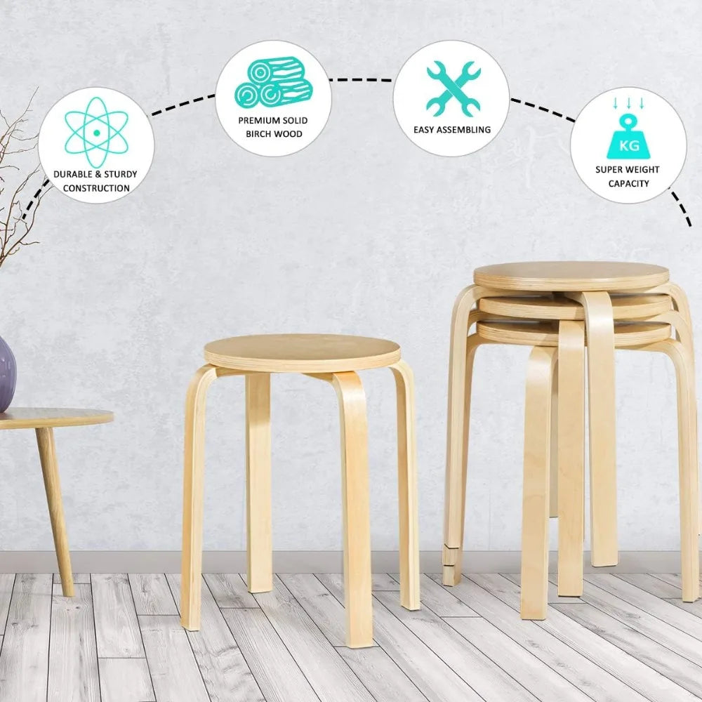 Stackable Bentwood Stools Set of 4,18Inch Height Backless Counter Chairs with Round Top,Anti-Slip Felt Pad,Portable School Stool