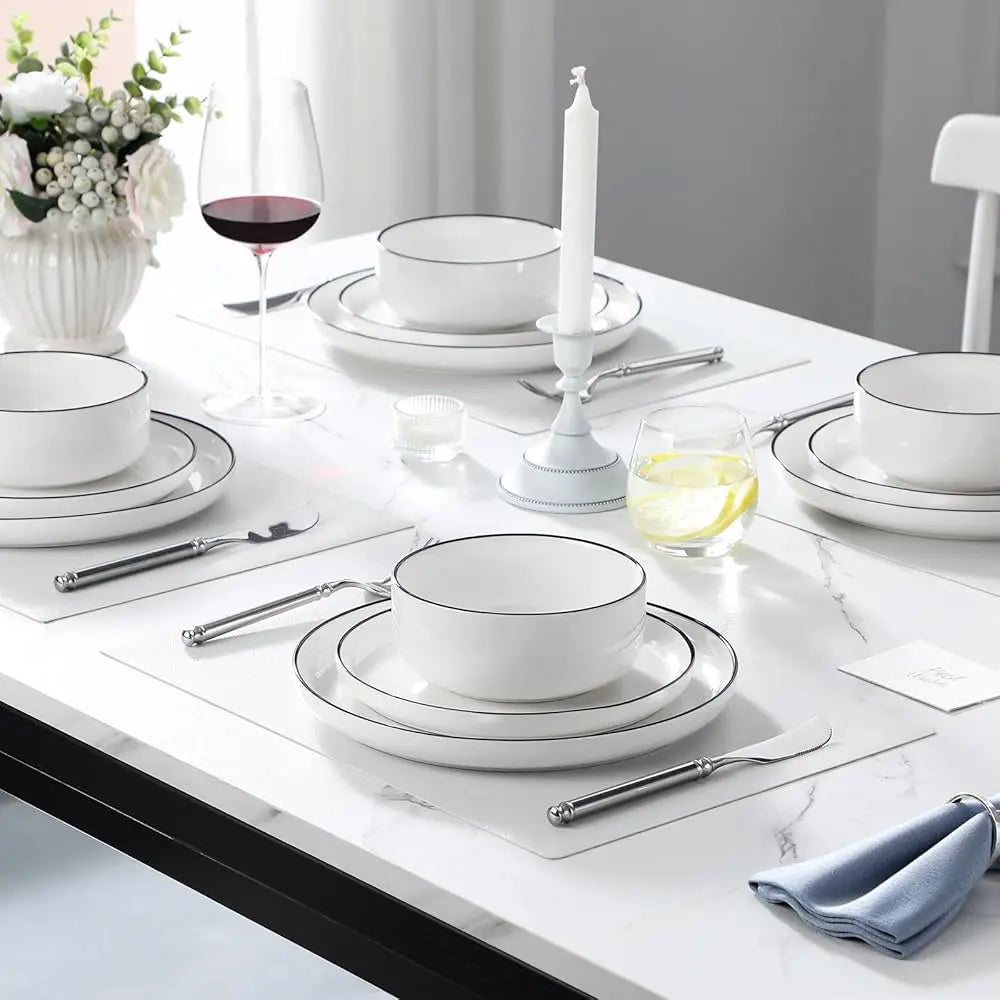 Plates And Bowls Sets, 12 Pieces Modern Porcelain Dinnerware Set For 4 White Kitchen Dinner Dining Ware Set Wtih Bla Rim