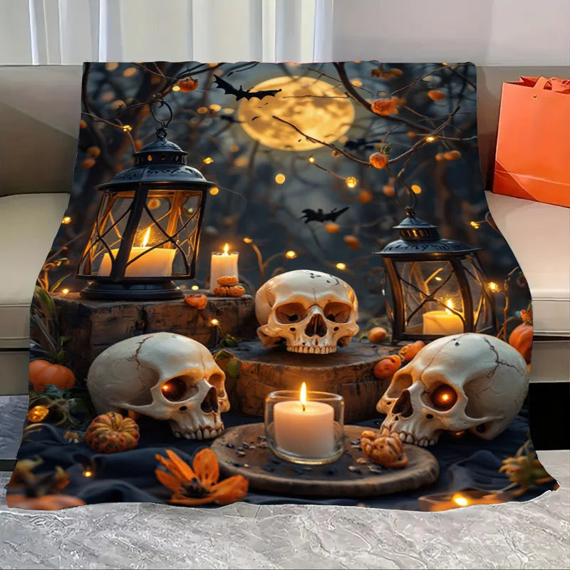 Flannel Blanket-Soft Lightweight All-season Halloween Themed Baby Blanket with Spooky Pumpkin Skeletons and Bats Design