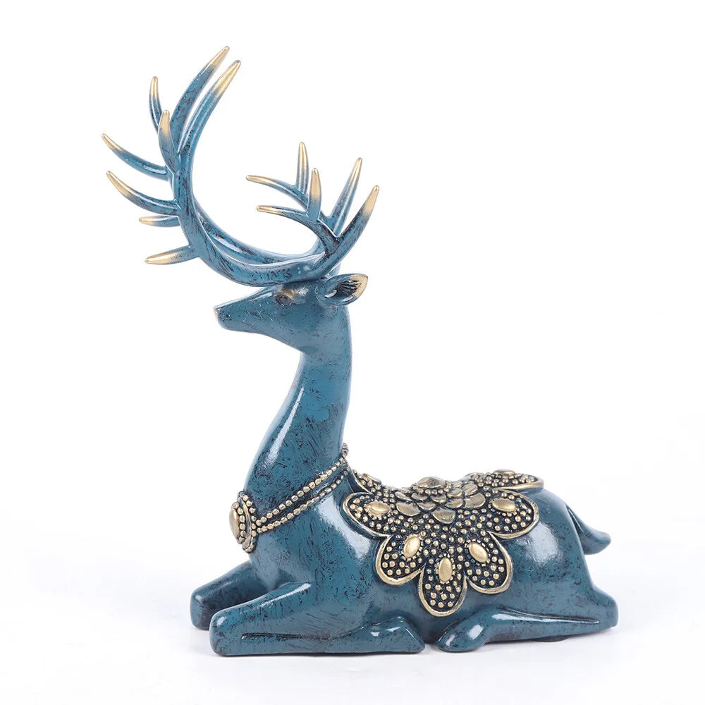 2 PCS Large Resin Deer Figurine Sculpture, Tabletop Hand-painted Statue for Home Office Art Decoration, Blue