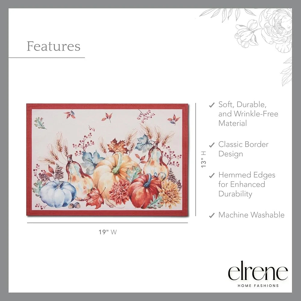 Harvest Pumpkin Placemats Set of 4 Durable Polyester Table Linens Fall Dining Elegant Table Decor Easy Care Wrinkle-Free