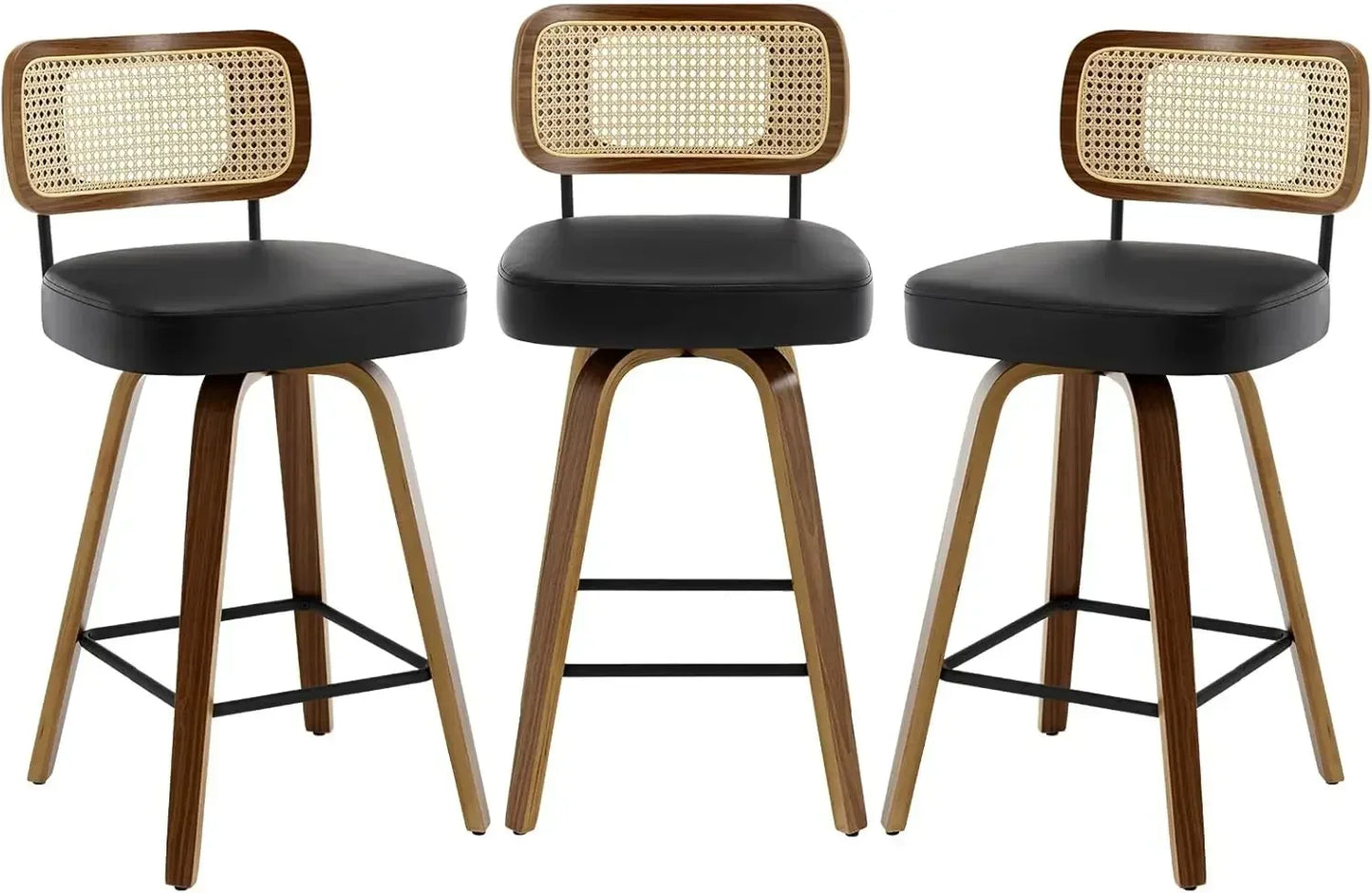 Swivel Counter Height Bar Stools Set of 3,Rattan Back, 26" Seat Chairs for Kitchen Island, Bentwood Wood Frame, Black
