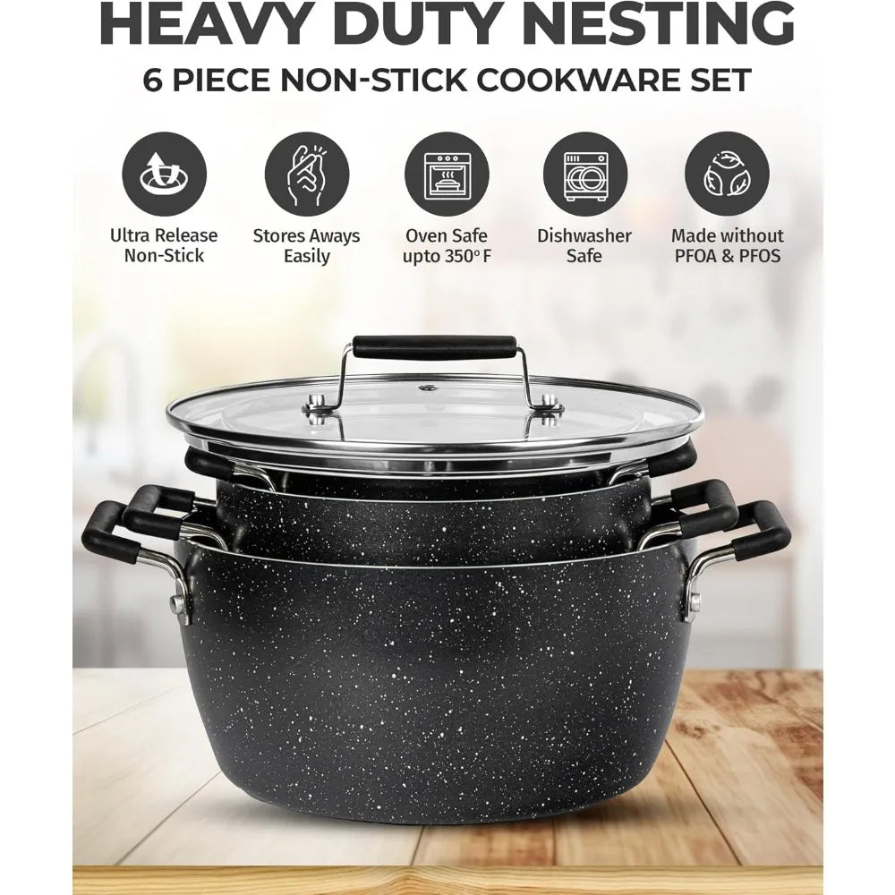 Granitestone Black Pots and Pans Set Nonstick, 6 Stackable Piece Cooking Pots Set, Kitchen Pots, Non Stick Coating, 5qt 3qt & 1