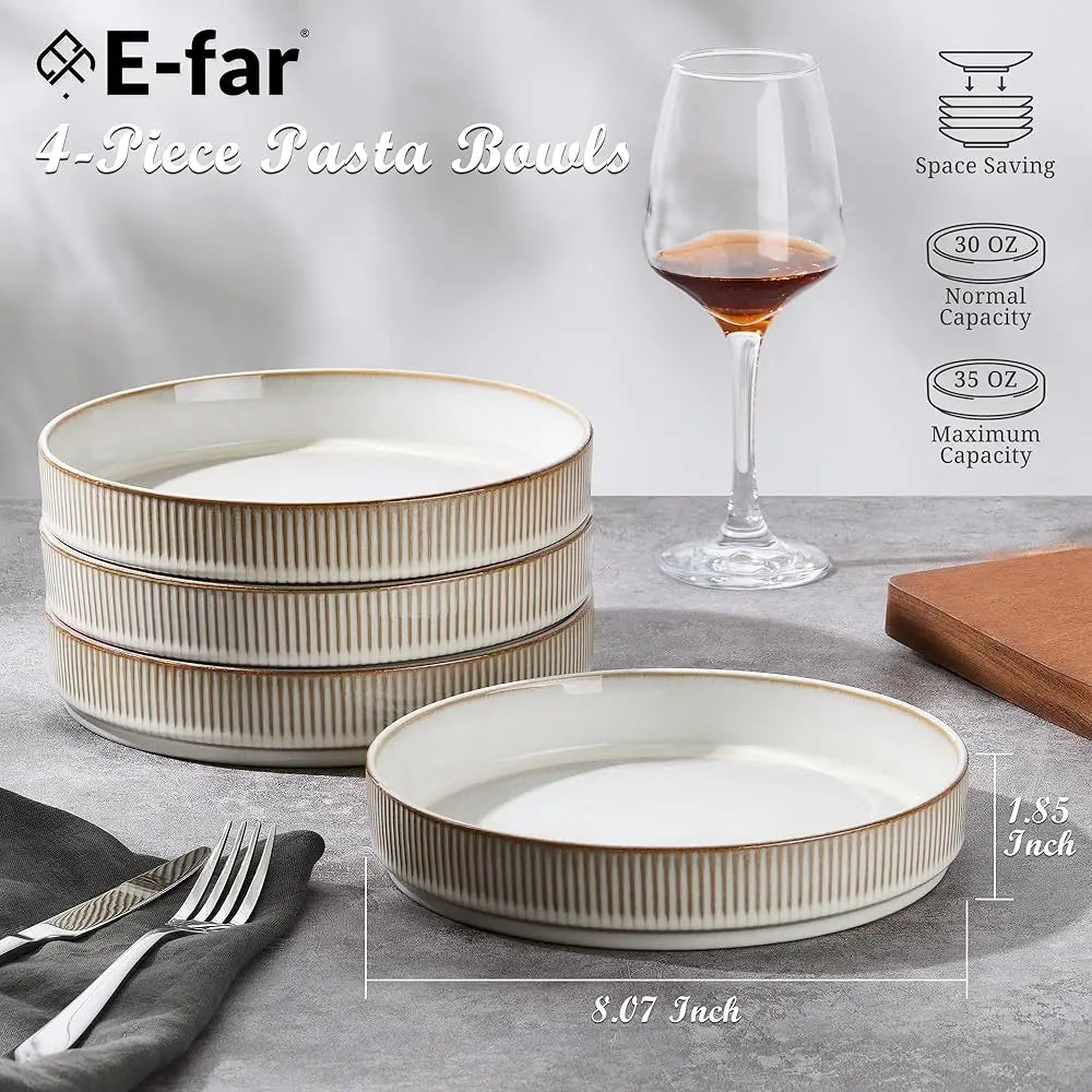 Pasta Bowls Set Of 4, 35Oz Large Salad Bowl Plate For Dinner Serving Soup, Wide & Shallow Ceramic Stoneware Pasta Plates,