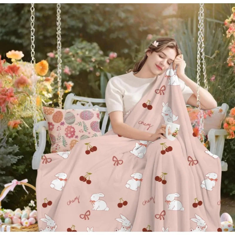 Easter bunny cherry throw blanket, perfect gift for kids, teens and women, perfect for preppy Easter decoration