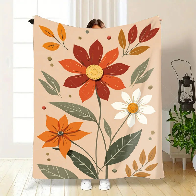 1pc Flannel Blanket Autumn Floral Throw Blanket - Cozy Home Decor with Orange and White Flowers