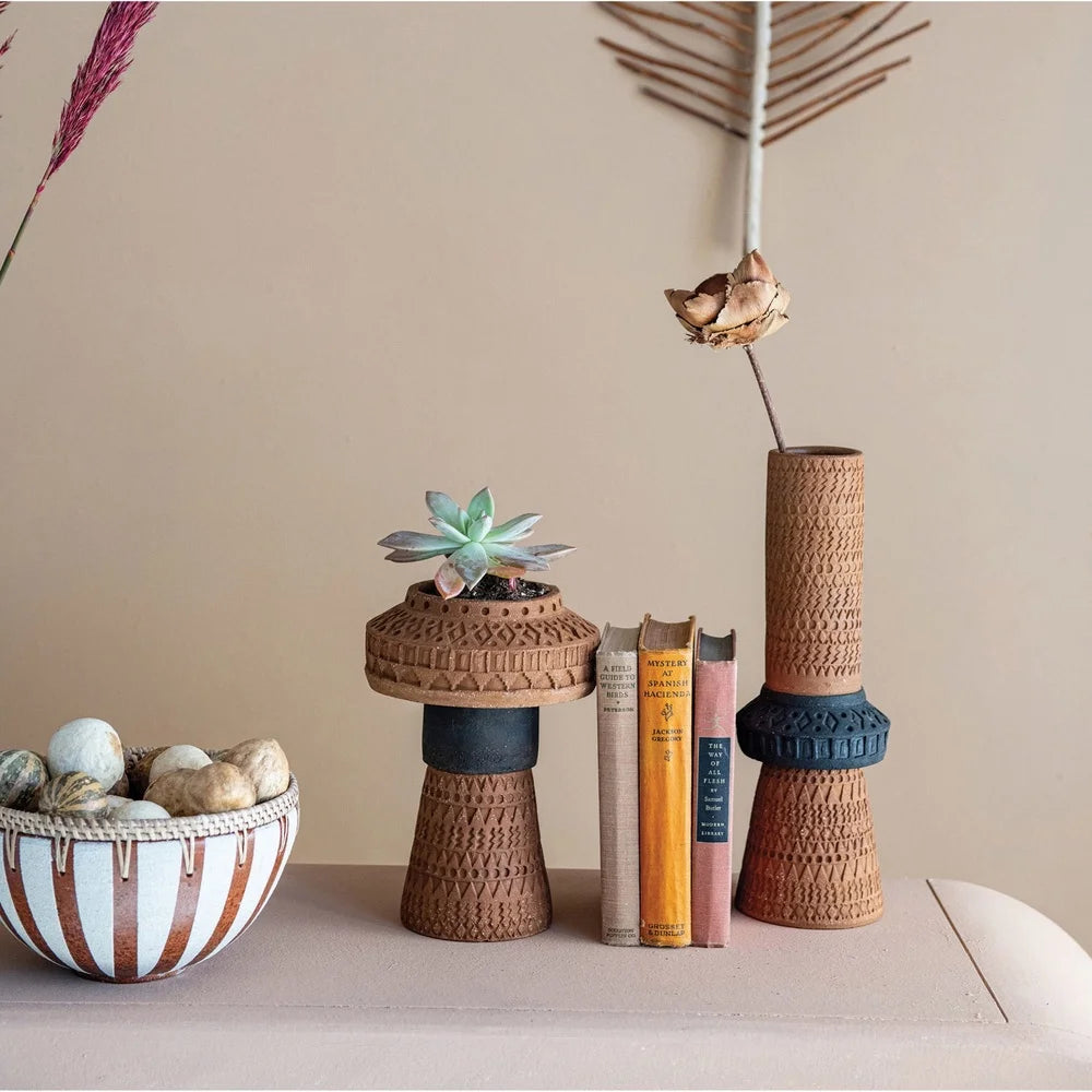 Handmade Debossed Terracotta Vase Floral Plant Holder Boho Decor Creative Home Accent Unique Decorative Piece Dried Flowers