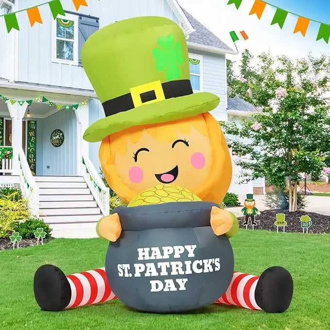 GOOSH 5 FT St Patricks Day Inflatables Outdoor Decorations Blow Up Yard Giant Leprechaun with Gold Coin Pot with Built-in LEDs