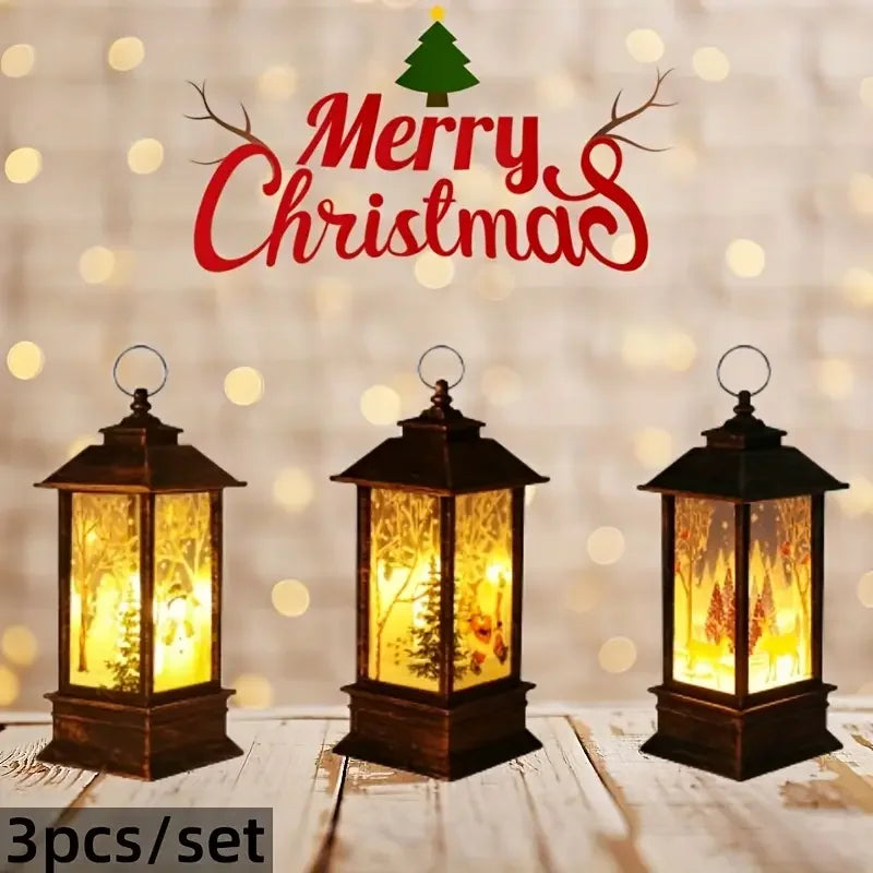 3-piece holiday retro Christmas candle lights, desktop decoration, party props, with Santa Claus, moose, snowman patterns.