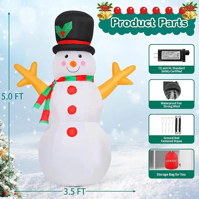 GOOSH 5 FT Christmas Snowman Inflatable Decoration Blow Up Snowman Outdoor Christmas Yard Decoration with Branch Hand Blow Up
