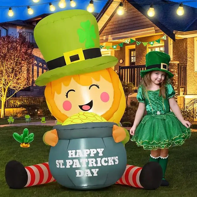 GOOSH 5 FT St Patricks Day Inflatables Outdoor Decorations Blow Up Yard Giant Leprechaun with Gold Coin Pot with Built-in LEDs