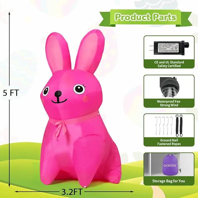 GOOSH 5 FT Easter Inflatables Bunny Outdoor Decorations Blow Up Yard Cute Pink Rabbit for Garden Lawn Indoor Decor