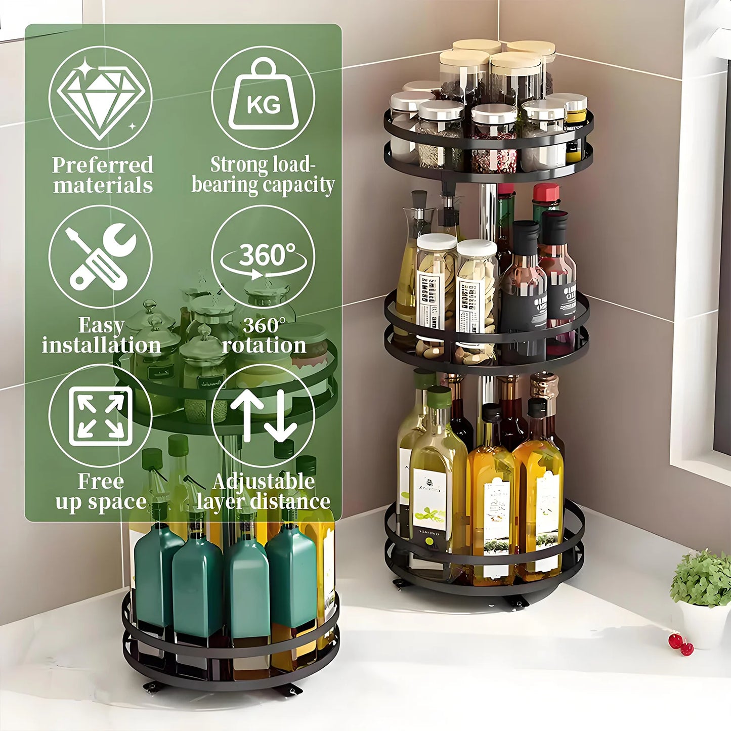 3 Tier Turntable Spice Rack,Metal Roating Spice & Medicine Turntable Organizer, Spice Organization for Kitchen Countertop