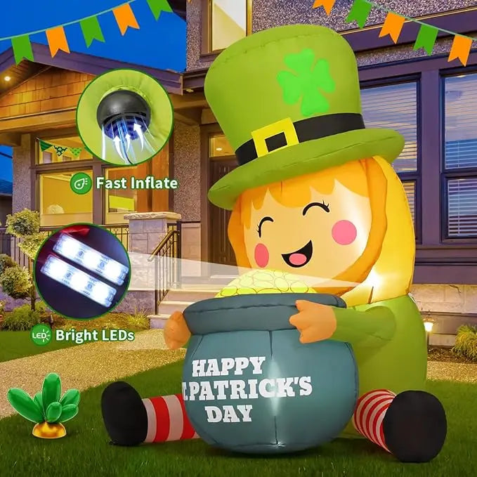 GOOSH 5 FT St Patricks Day Inflatables Outdoor Decorations Blow Up Yard Giant Leprechaun with Gold Coin Pot with Built-in LEDs