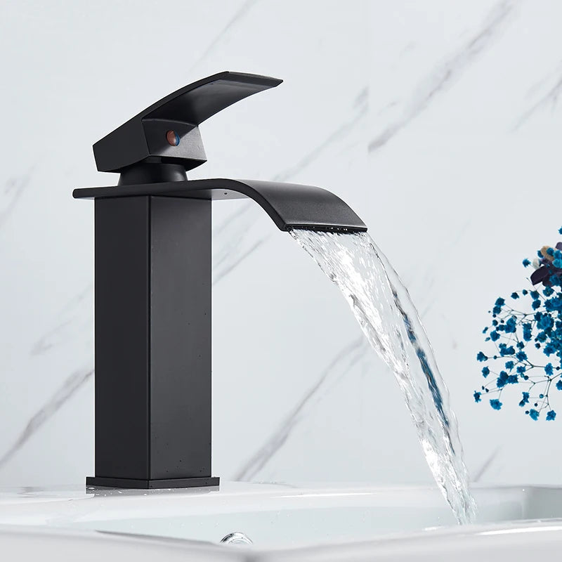 Rozin Matte Black Basin Faucet Deck Mounted Single Lever Bathroom Crane Waterfall Brass Bathroom Tap Hot Cold Water Mixer Taps