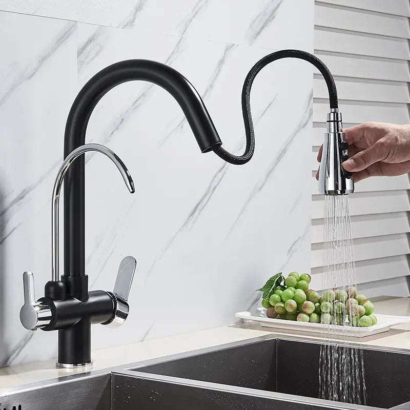 Filtered Crane For Kitchen Matte Black Pull Out Spray 360 Rotation Water Filter Tap Three Ways Sink Mixer Kitchen Faucet