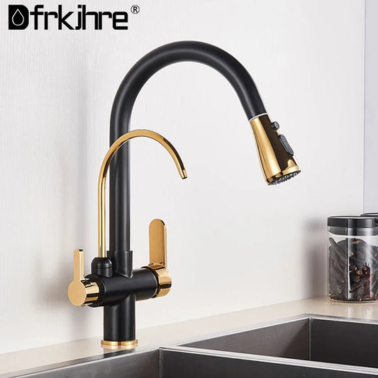 Filtered Crane For Kitchen Matte Black Pull Out Spray 360 Rotation Water Filter Tap Three Ways Sink Mixer Kitchen Faucet