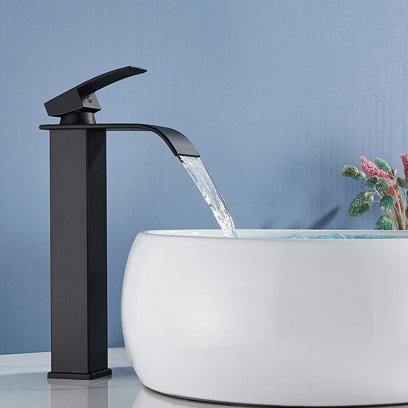 Rozin Matte Black Basin Faucet Deck Mounted Single Lever Bathroom Crane Waterfall Brass Bathroom Tap Hot Cold Water Mixer Taps