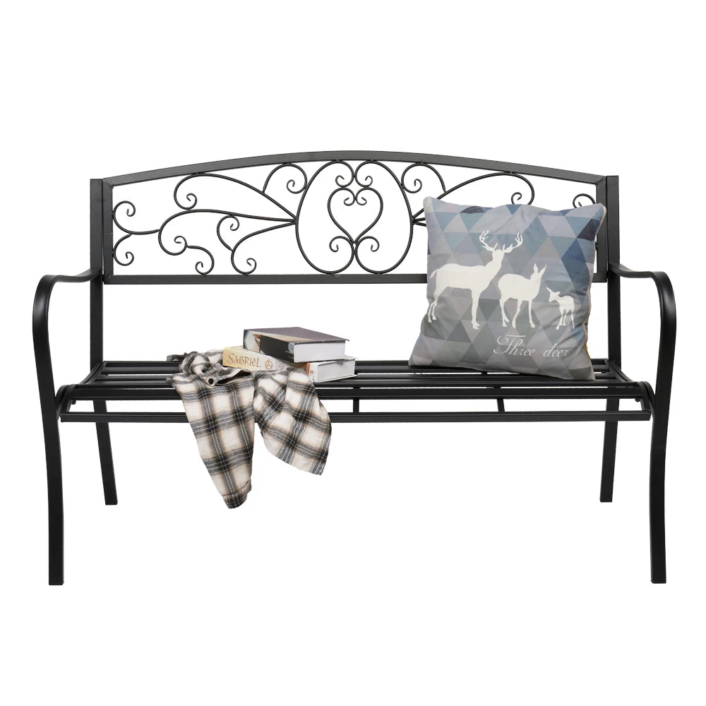51" Patio Park Garden Outdoor Bench Patio Porch Chair Deck Iron Frame Black
