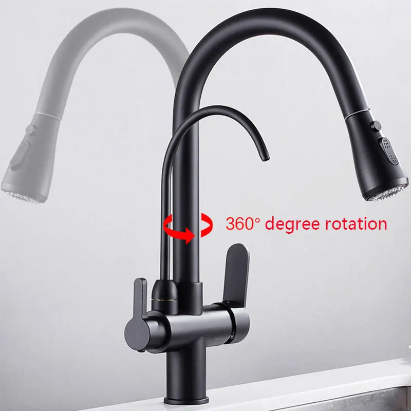 Filtered Crane For Kitchen Matte Black Pull Out Spray 360 Rotation Water Filter Tap Three Ways Sink Mixer Kitchen Faucet