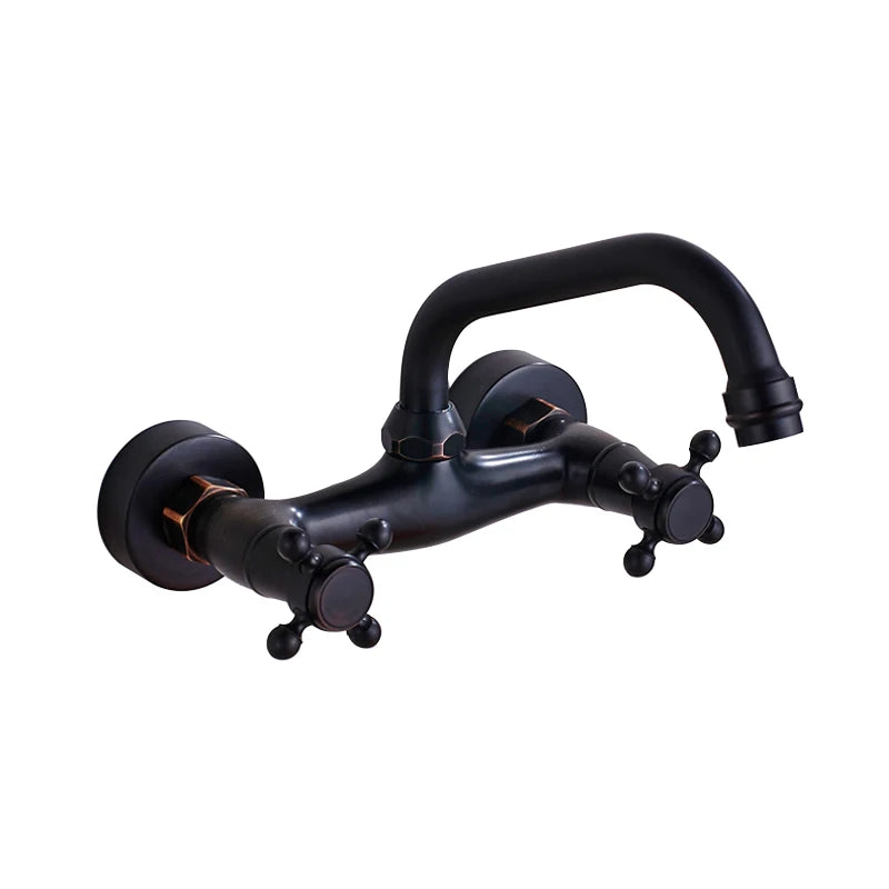 SHBSHAIMY ORB Black Basin Faucet 360 Swivel Spout Wall Mounted Faucet Dual Handles Dual Holes Hot and Cold Water Mixer Tap