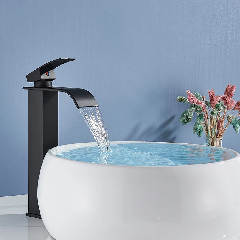 Rozin Matte Black Basin Faucet Deck Mounted Single Lever Bathroom Crane Waterfall Brass Bathroom Tap Hot Cold Water Mixer Taps