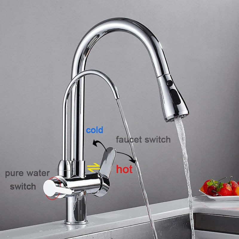Filtered Crane For Kitchen Matte Black Pull Out Spray 360 Rotation Water Filter Tap Three Ways Sink Mixer Kitchen Faucet